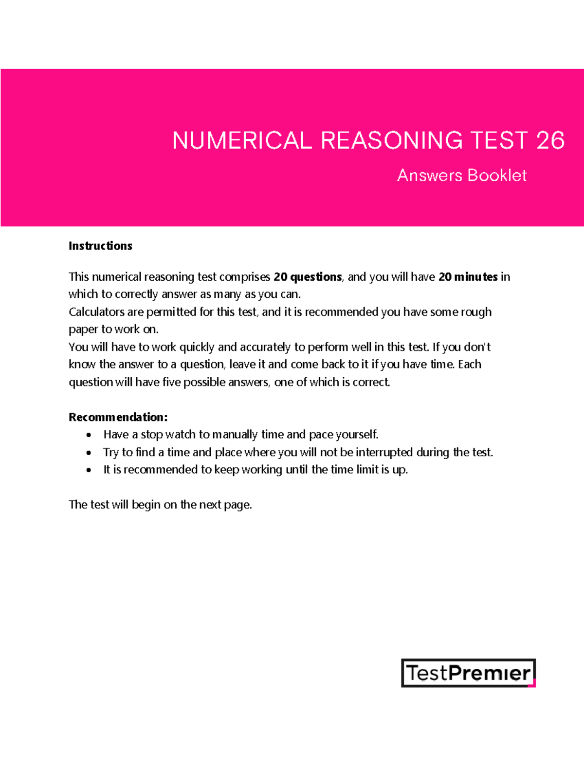 Numerical TEST 26 Answer Instructions This numerical reasoning test