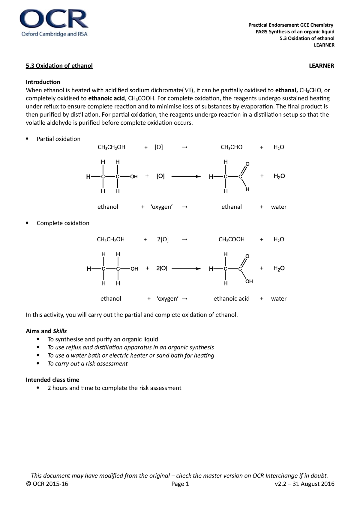 Practical Endorsement GCE Chemistry PAG5 Synthesis Of An Organic Liquid ...