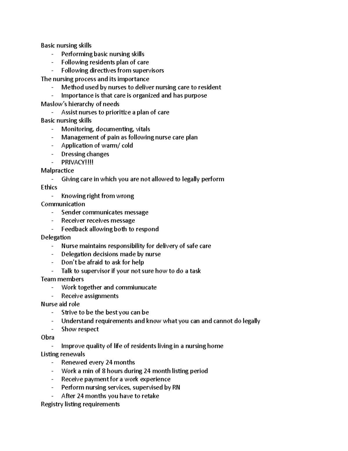 Basic Nursing Skills Nurse Aid Notes Basic Nursing Skills 