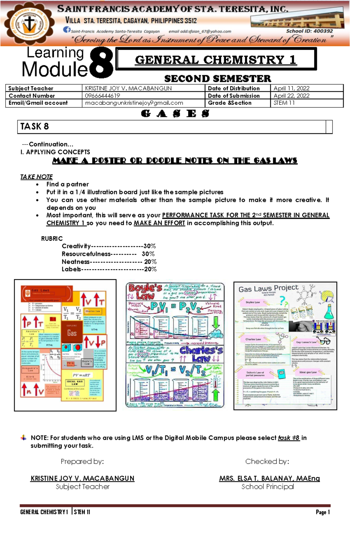 General Chemistry 1-TASK 8 - GENERAL CHEMISTRY 1 ⃒ STEM 11 Page 1 G A S ...