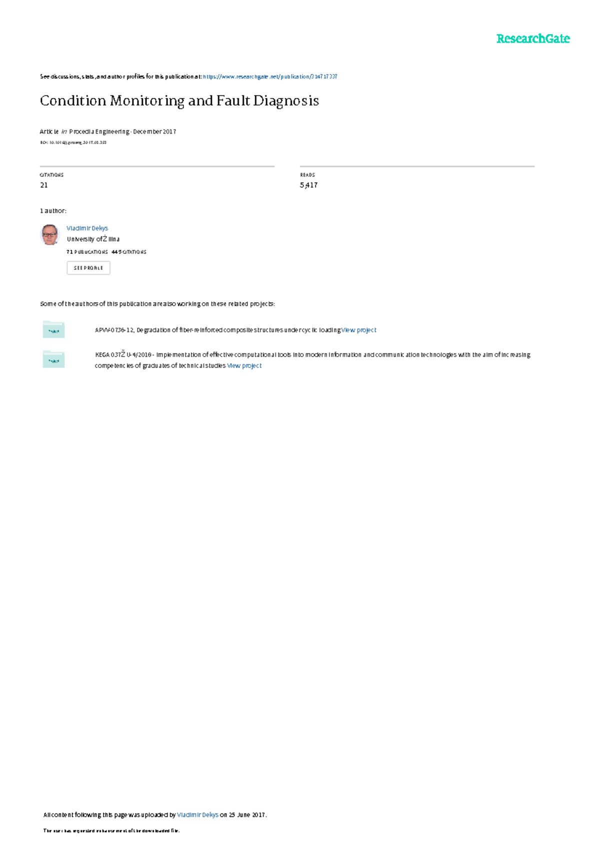 Condition Monitoring and Fault Diagnosis - ####### See discussions ...