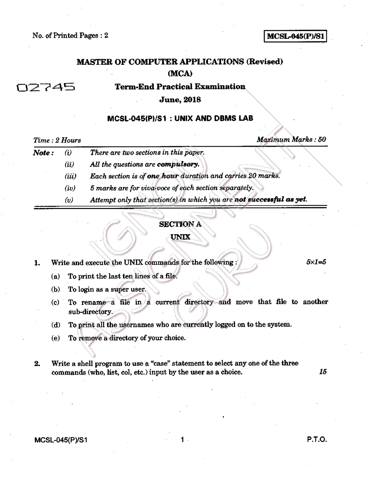 MCSL-045 - mcs045 previous year - No. of Printed Pages : 2 I MCSL-045(P ...
