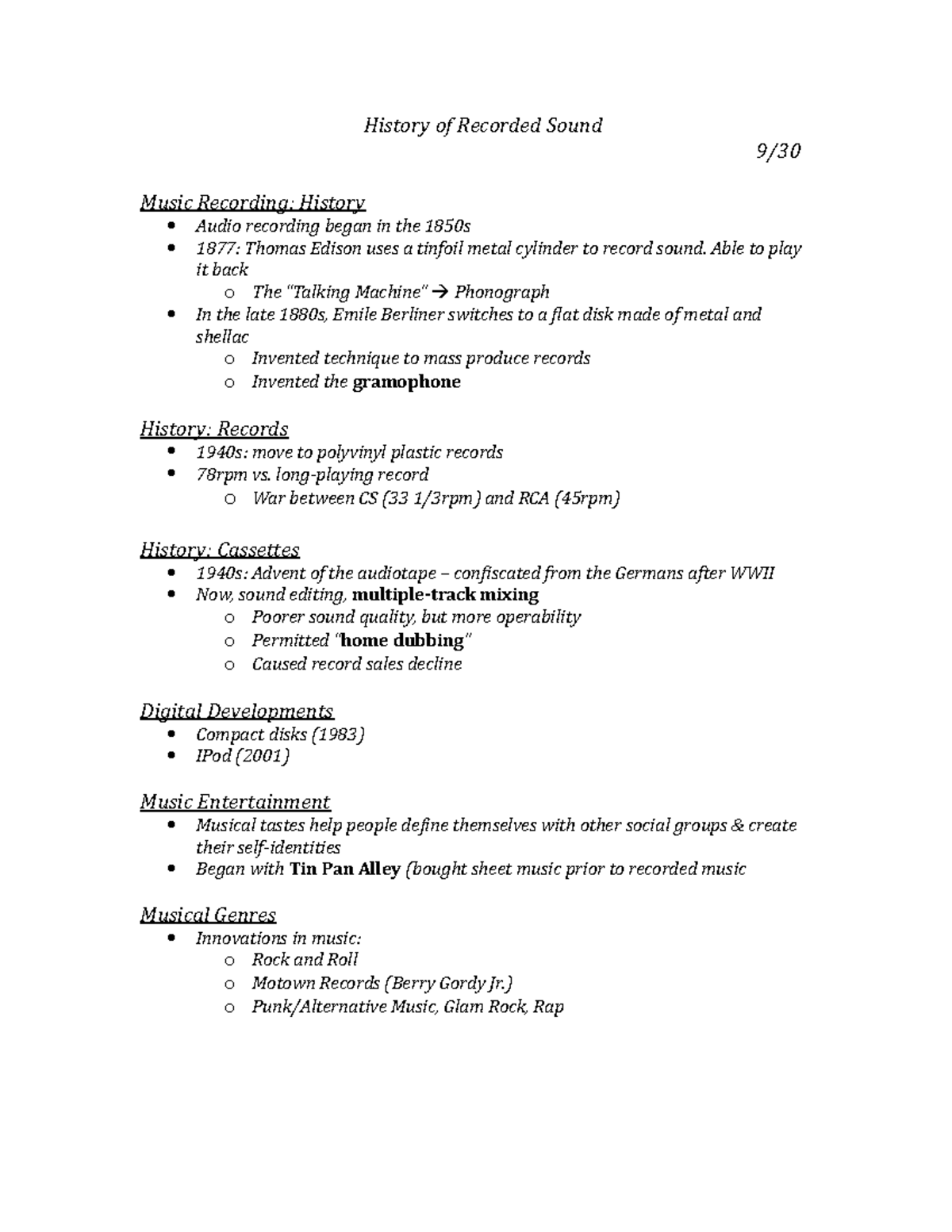 History of Recorded Sound History of Recorded Sound 9/ Music