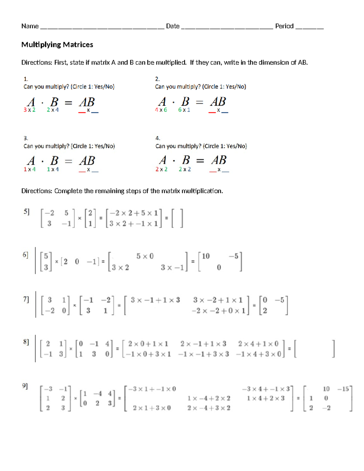 Multiplying Matrices Assignment - Name ...