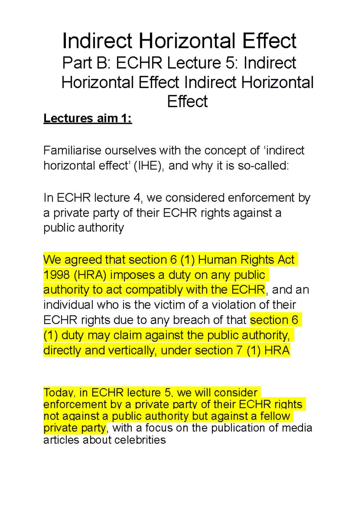 CAAL Part B ECHR Lecture 5 - Indirect Horizontal Effect - Part B: ECHR ...