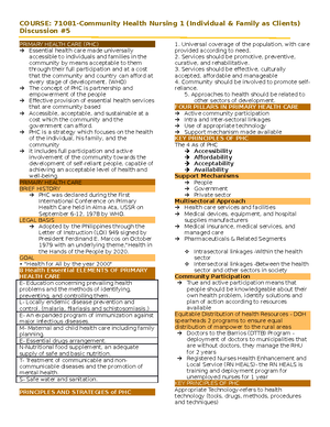 1 Overview OF PHN - LECTURE NOTES FOR COMMUNITY HEALTH NURSING - WEEK 1 ...