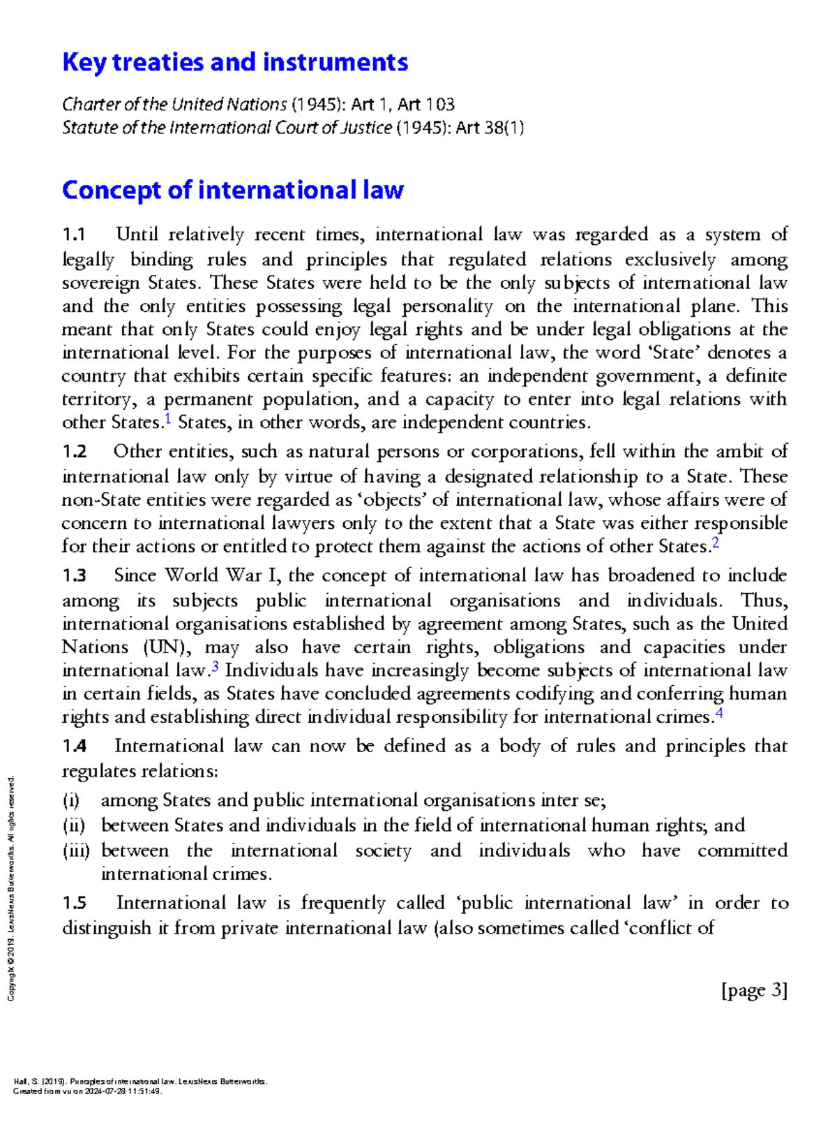 1 Nature and sources of international law - (i) (ii) (iii) Key treaties ...