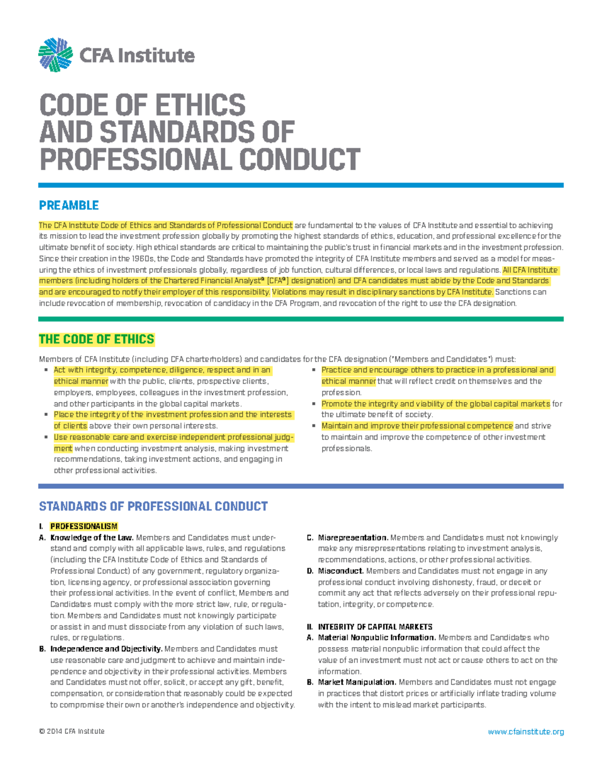 Code of ethics standards professional conduct - BUSI 5500 - Memorial ...