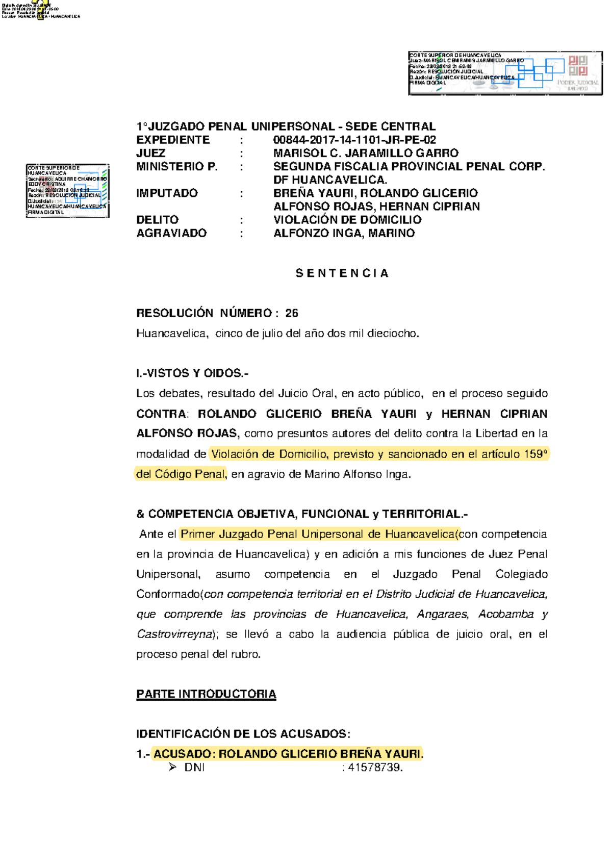 Sentencia para control de lectura - 1° JUZGADO PENAL UNIPERSONAL - SEDE
