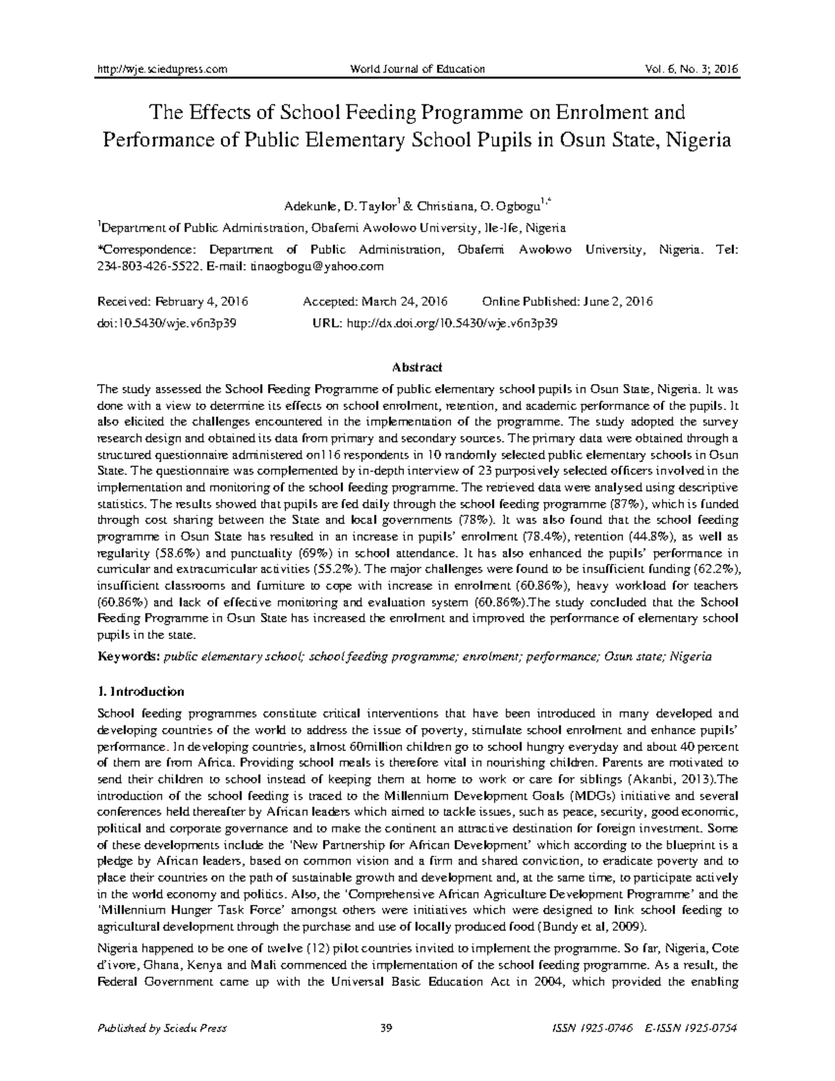 EJ1158290 - Report - The Effects of School Feeding Programme on ...