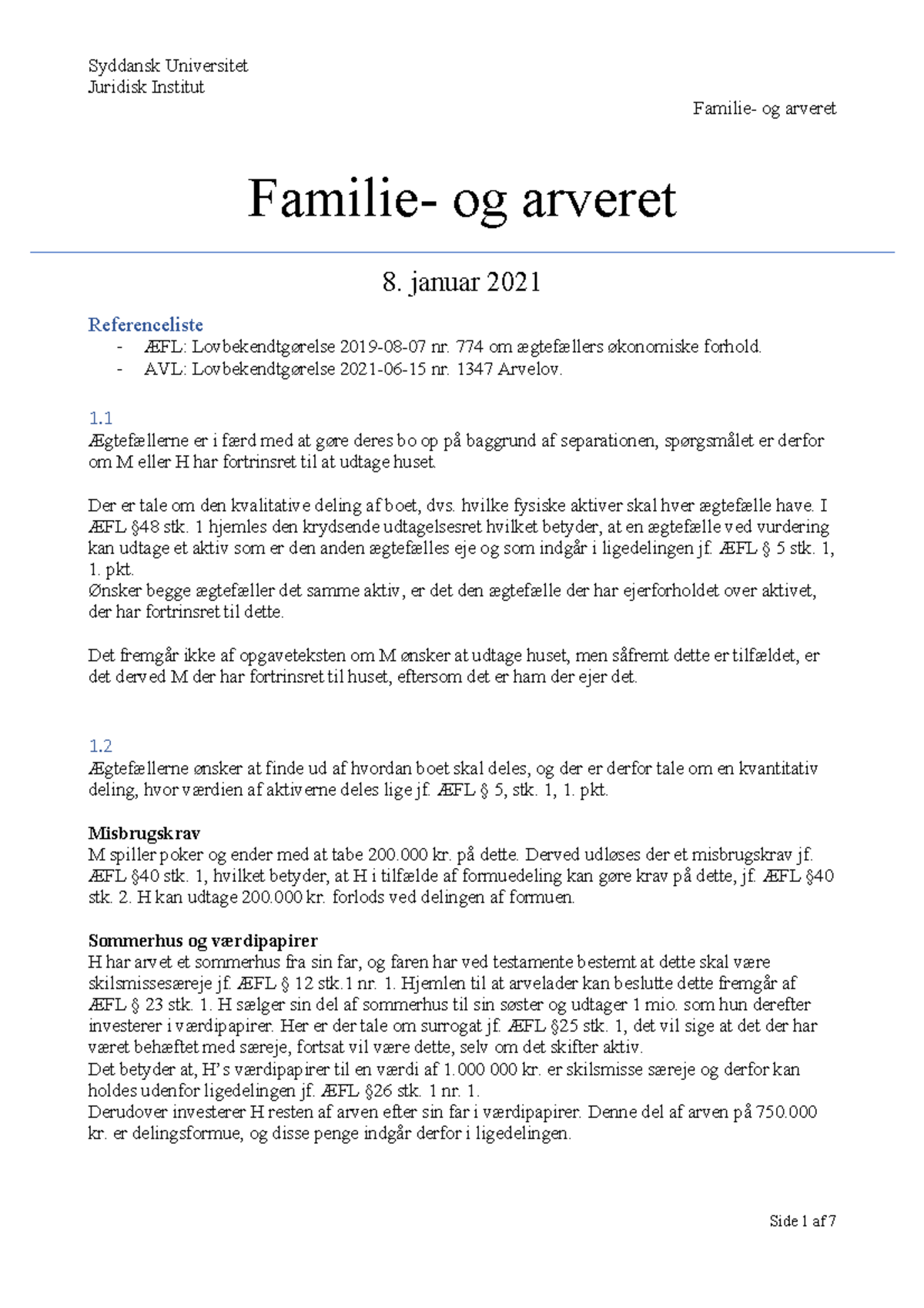 Fam- Og Arveret AFL. (eksamen 8. Januar 2021) (10) - Juridisk Institut Familie- Og Arveret ...