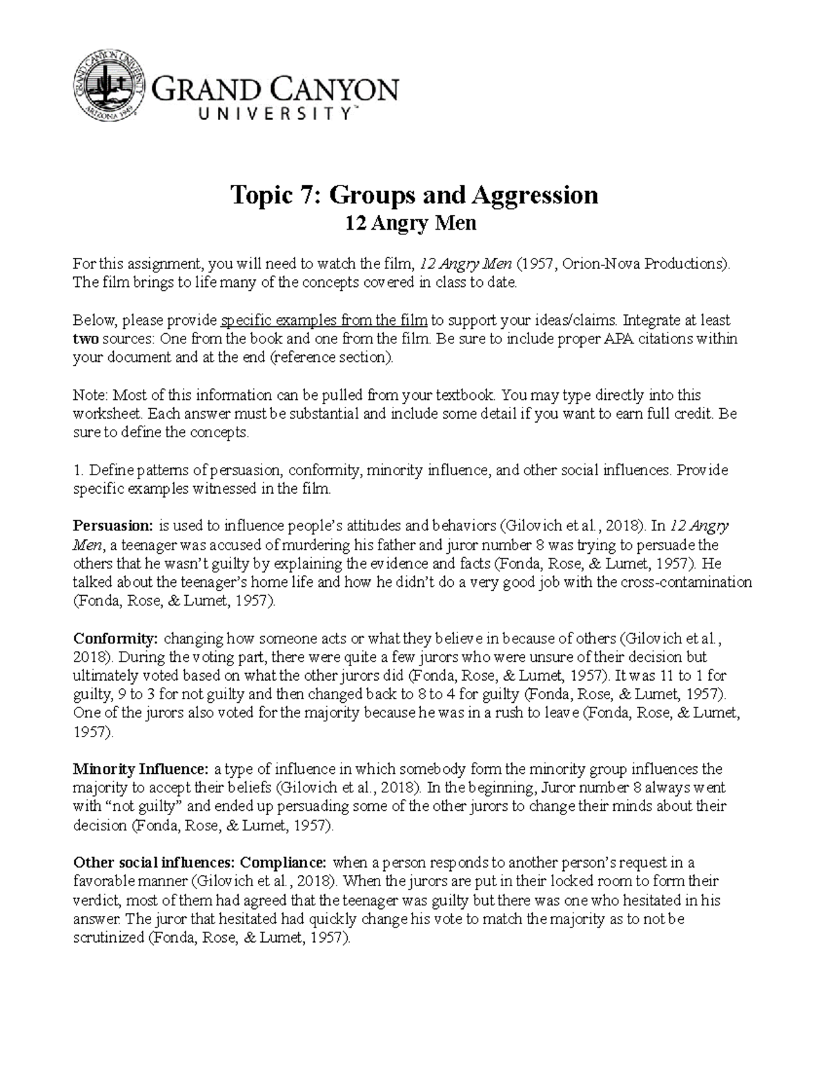 12Angry Men - 12 angry men assignment - Topic 7: Groups and Aggression ...