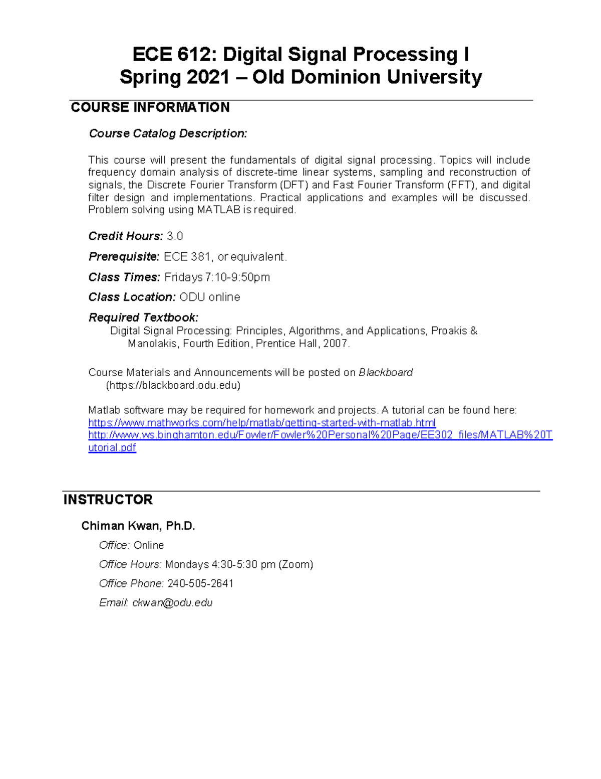 Syllabus asdf ECE 612 Digital Signal Processing I Spring 2021
