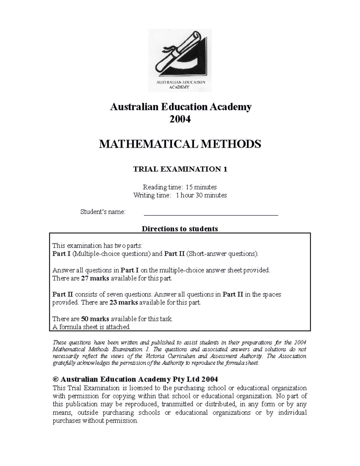 2004 aea exam 1 - Exam - Australian Education Academy 2004 MATHEMATICAL ...