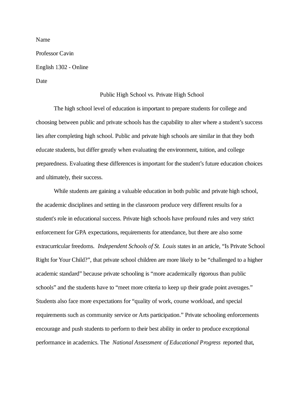 contrast essay public vs private school