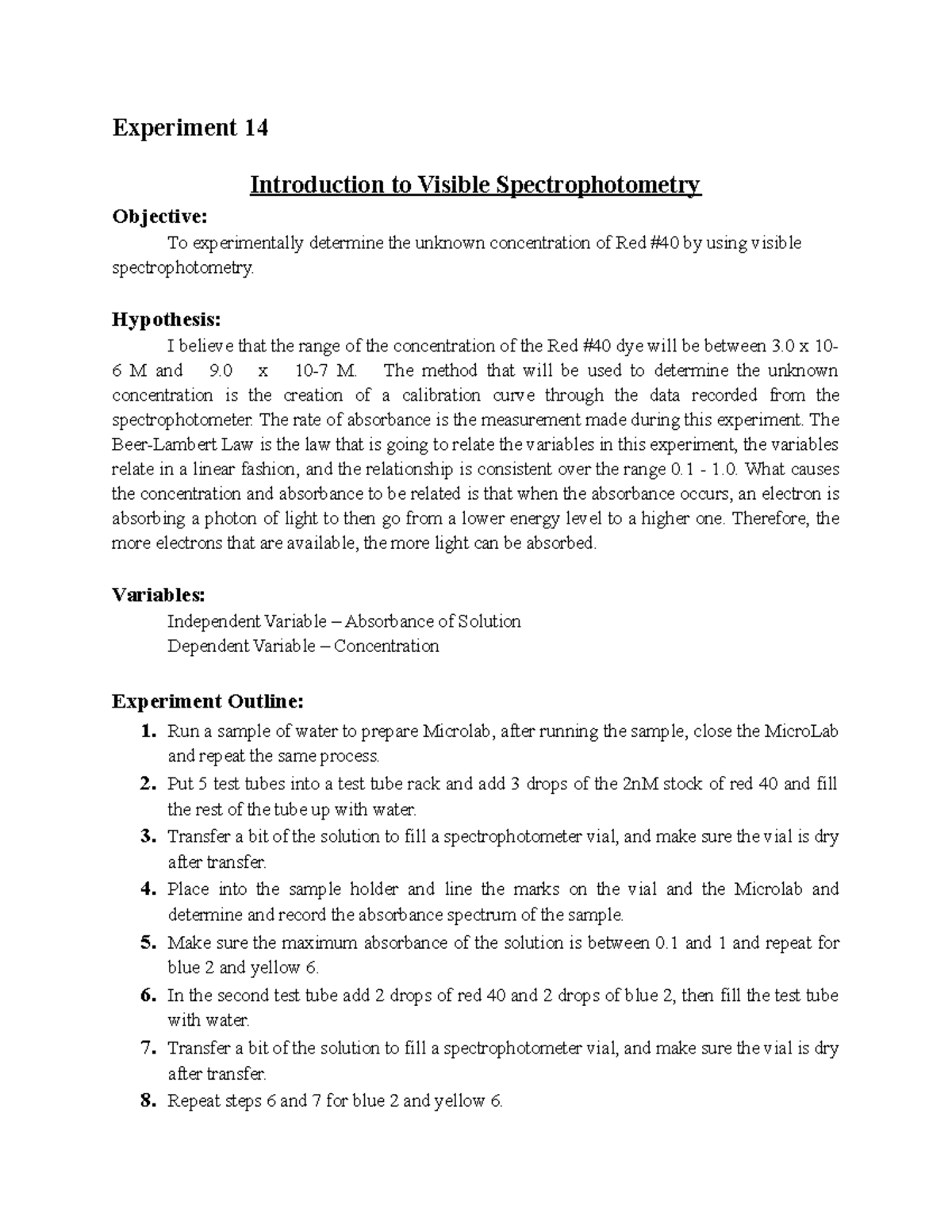 experiment 14 introduction to visible spectrophotometry