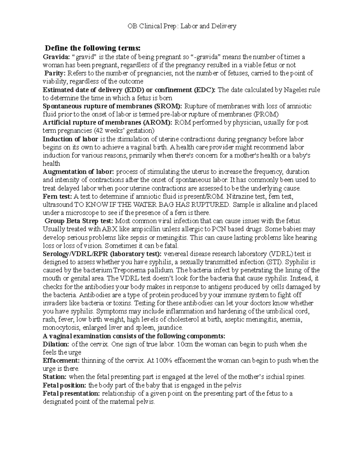 OB Clinical Prep Define the following terms Gravida “gravid” is the