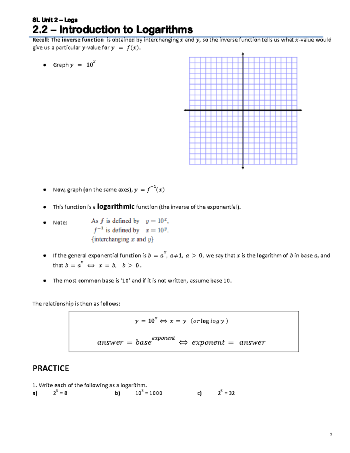 2.2 - Introduction to Logarithms - SL Unit 2 – Logs 2 – Introduction to ...