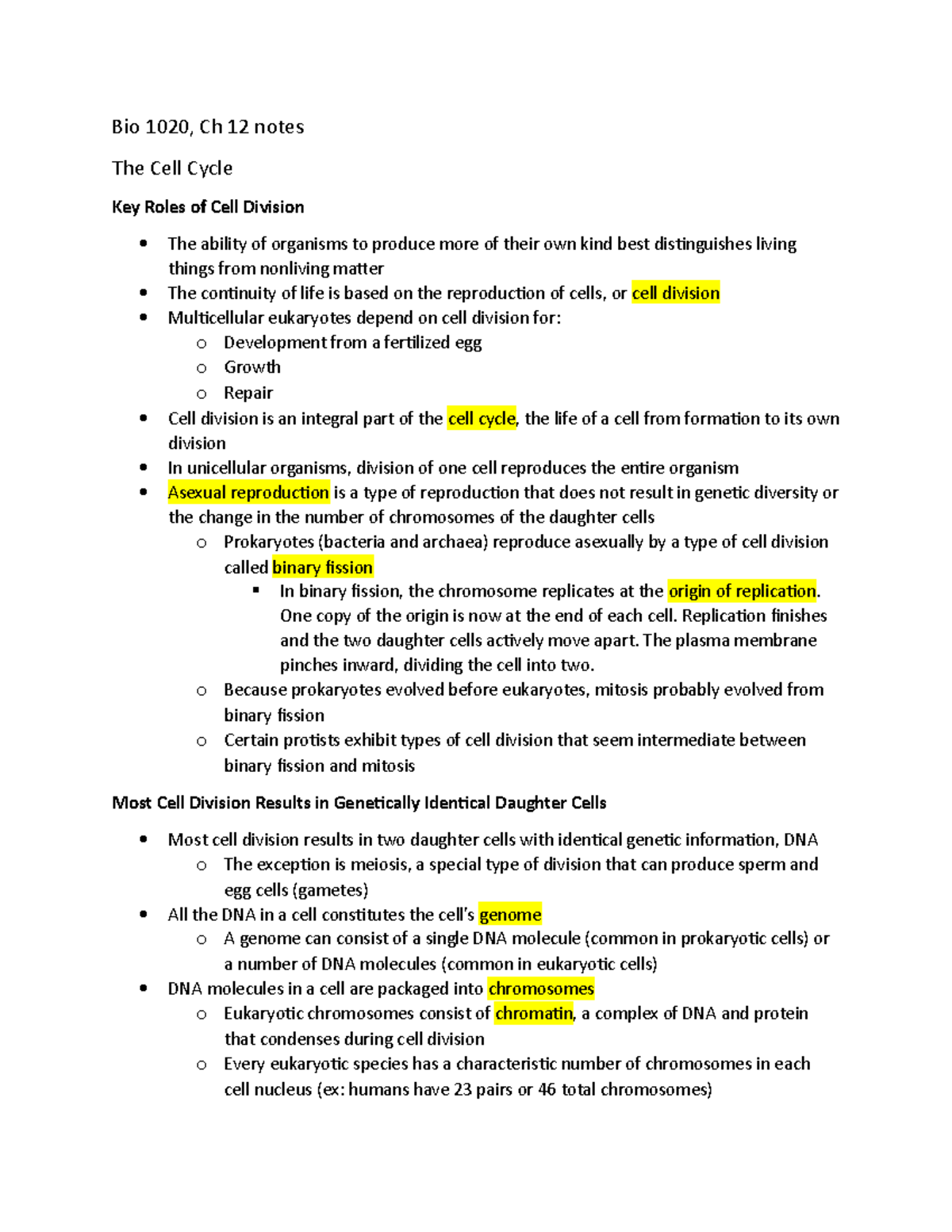 BIO 1020 Ch 12 Notes - Dr. Meghan Kelley - Bio 1020, Ch 12 Notes The ...