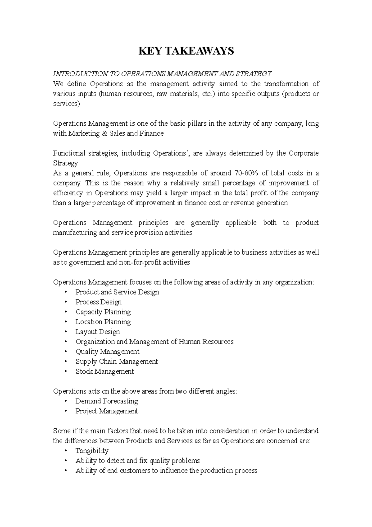 KEY Takeaways ch. 1 - KEY TAKEAWAYS INTRODUCTION TO OPERATIONS ...