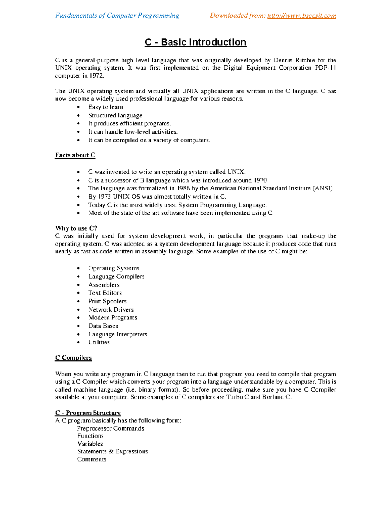 C programming notes bsccsit - C - Basic Introduction C is a general ...