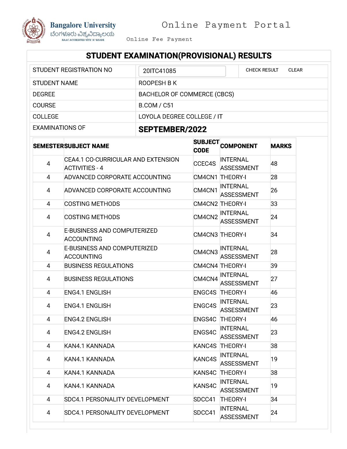 Bangalore University- Provisional Examination Results - Online Payment ...