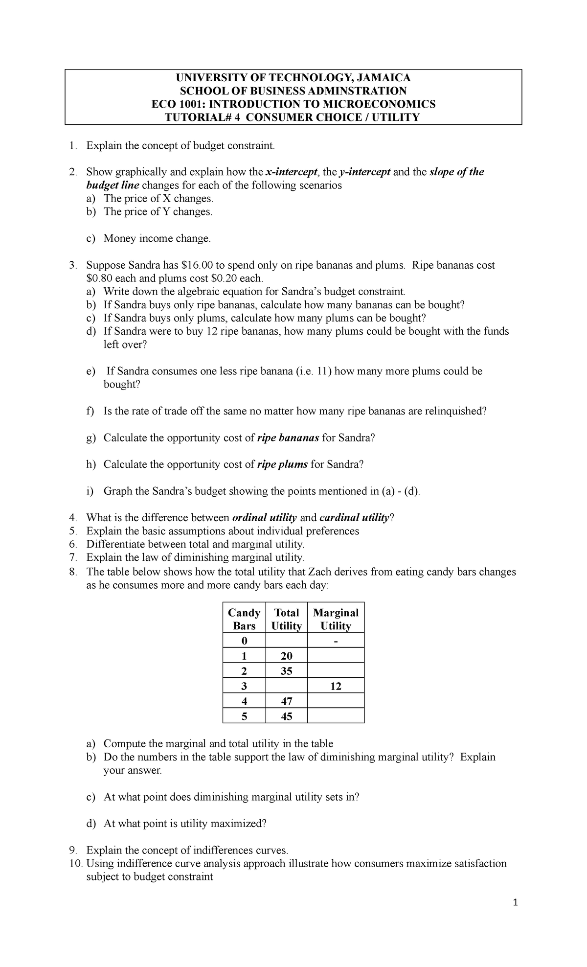 Eco1001 Tutorial Sheet 4 2020 University Of Technology Jamaica