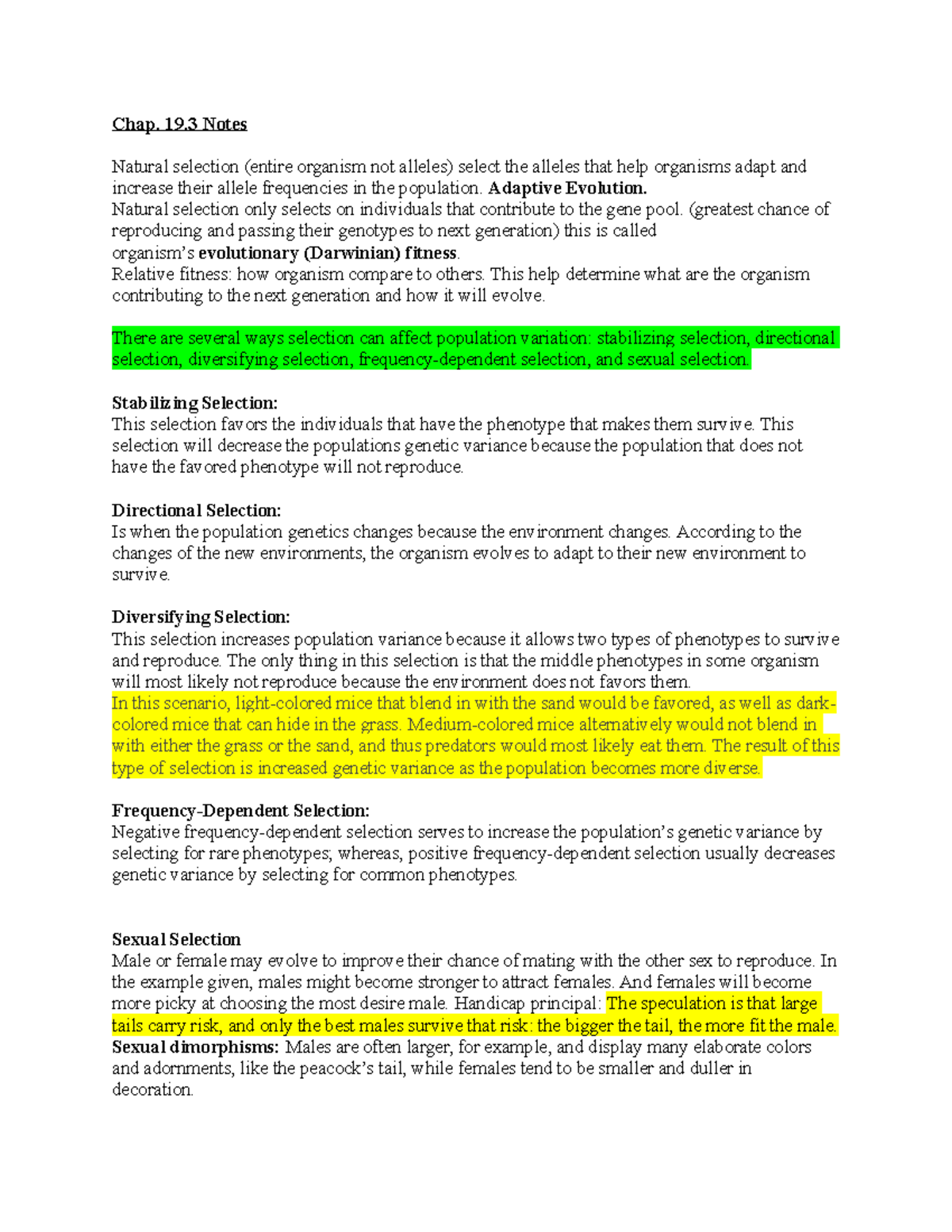 Notes of Quiz #2 - Chap. 19 Notes Natural selection (entire organism ...