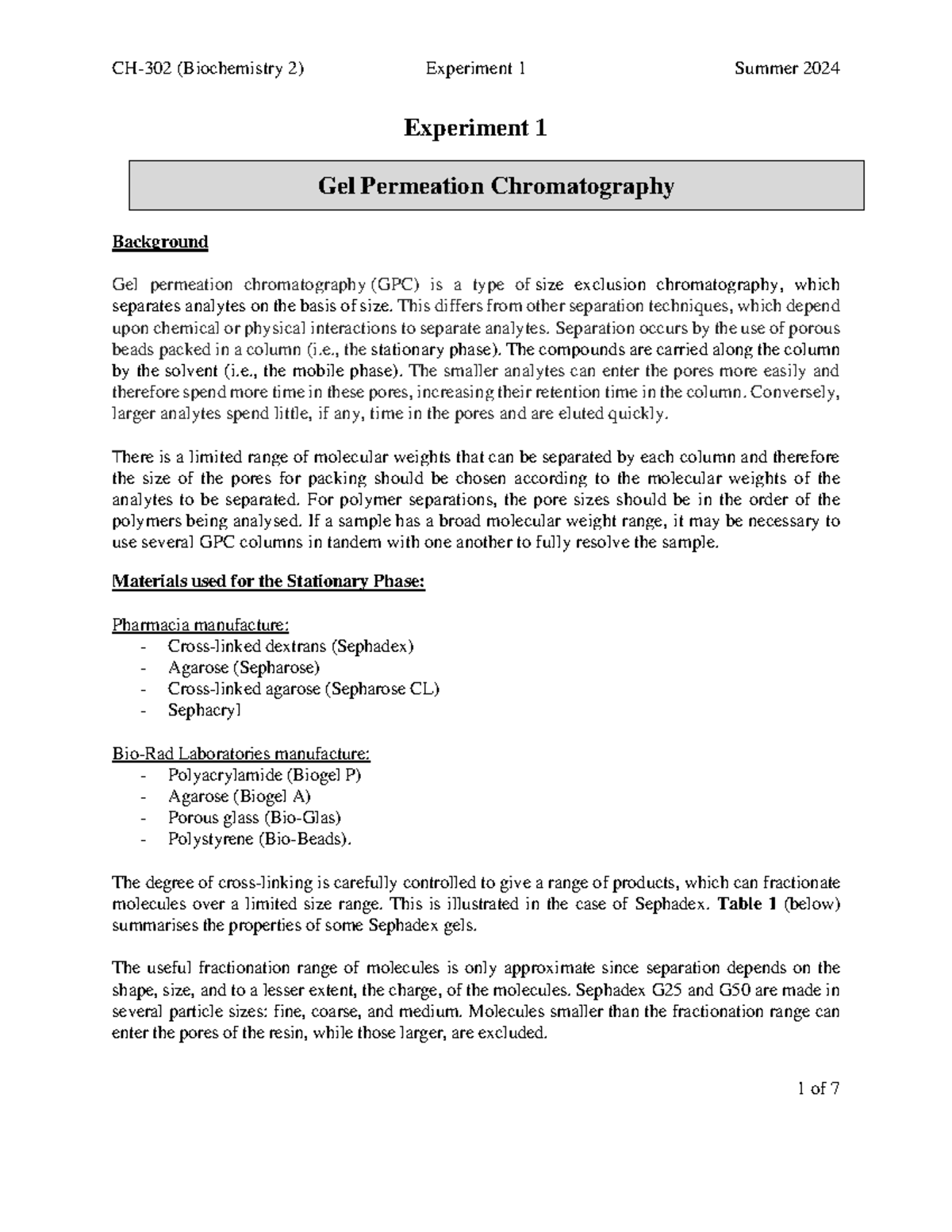 Student Protocol Experiment 1 – Gel Permeation Chromatography (24M)1 ...
