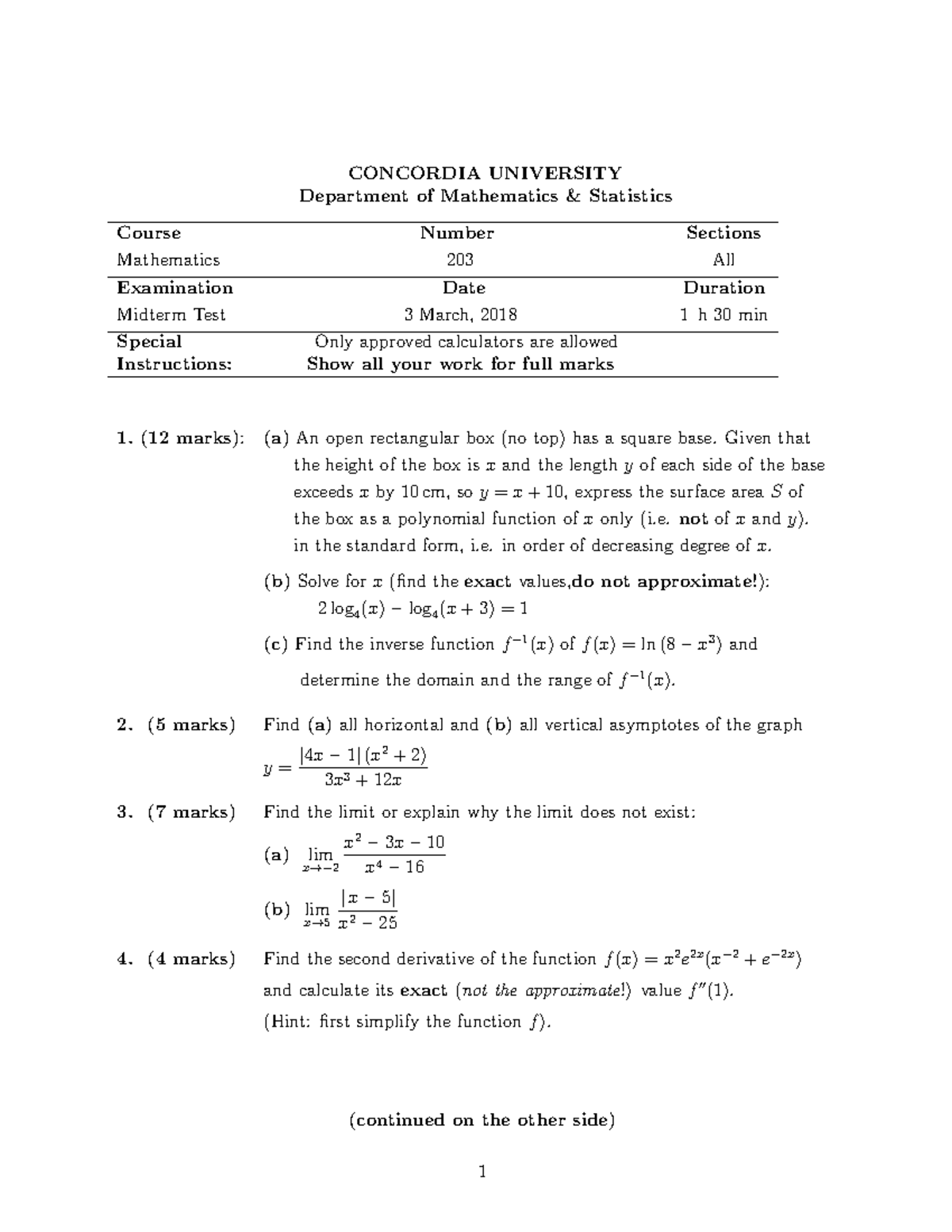 Math 203 midtem 2022 CONCORDIA UNIVERSITY Department of Mathematics & Statistics Course Number
