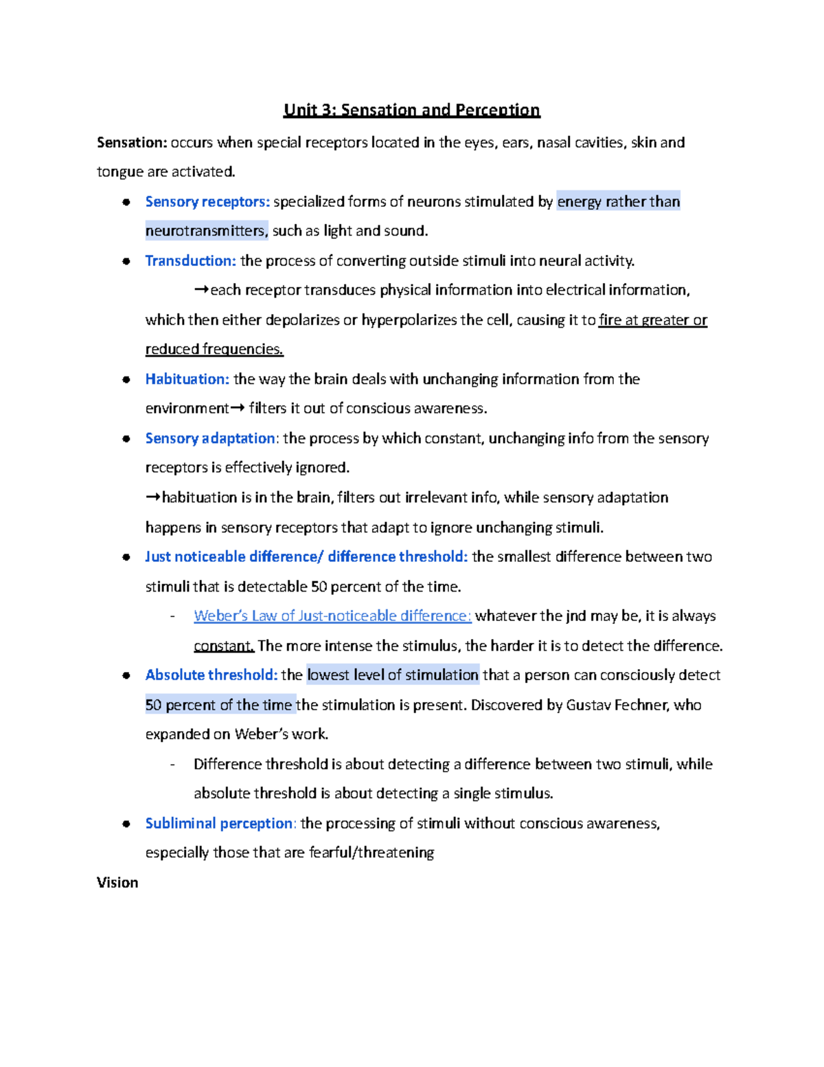 AP Psychology Unit 3 Sensation and Perception - Study Guide - Unit 3:  Sensation and Perception - Studocu