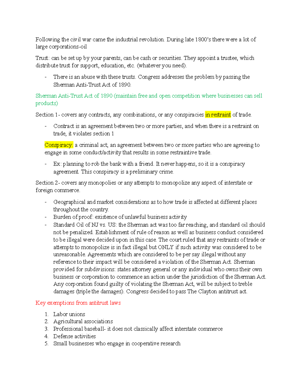 Trade Regulation Following the civil war came the industrial