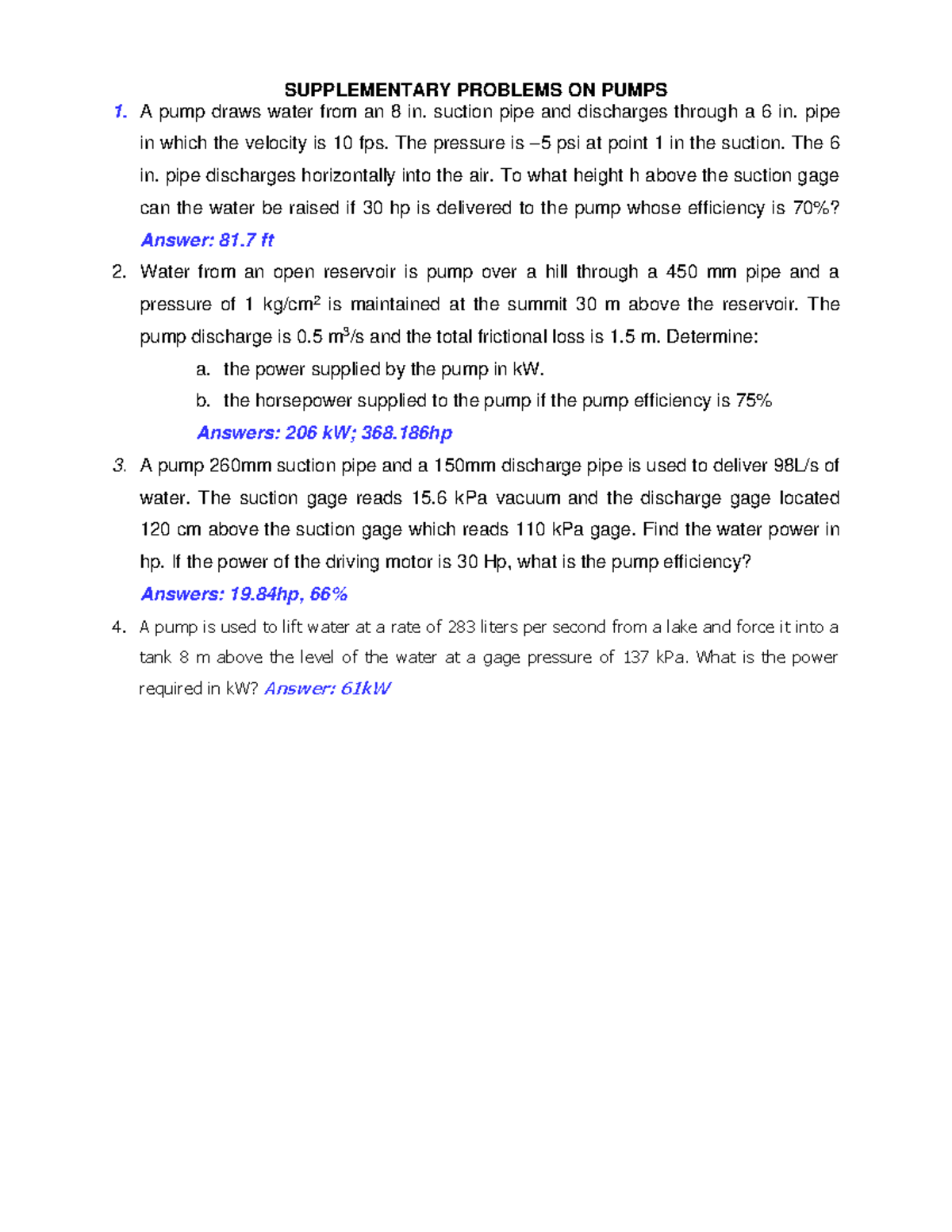Pumps supplementary problems 25feb2023 - SUPPLEMENTARY PROBLEMS ON ...