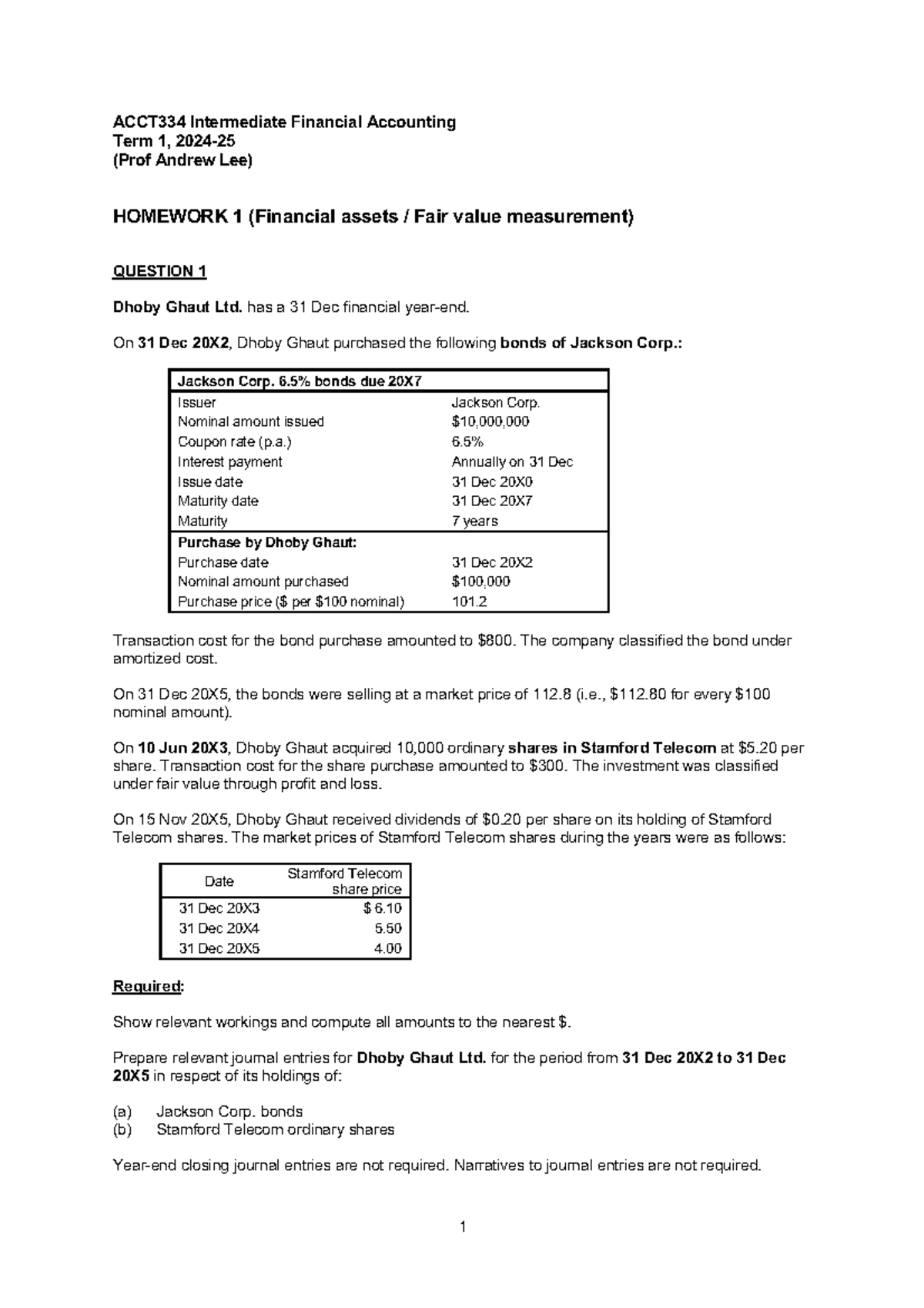 Homework 1 (Financial assets) - ACCT334 Intermediate Financial ...