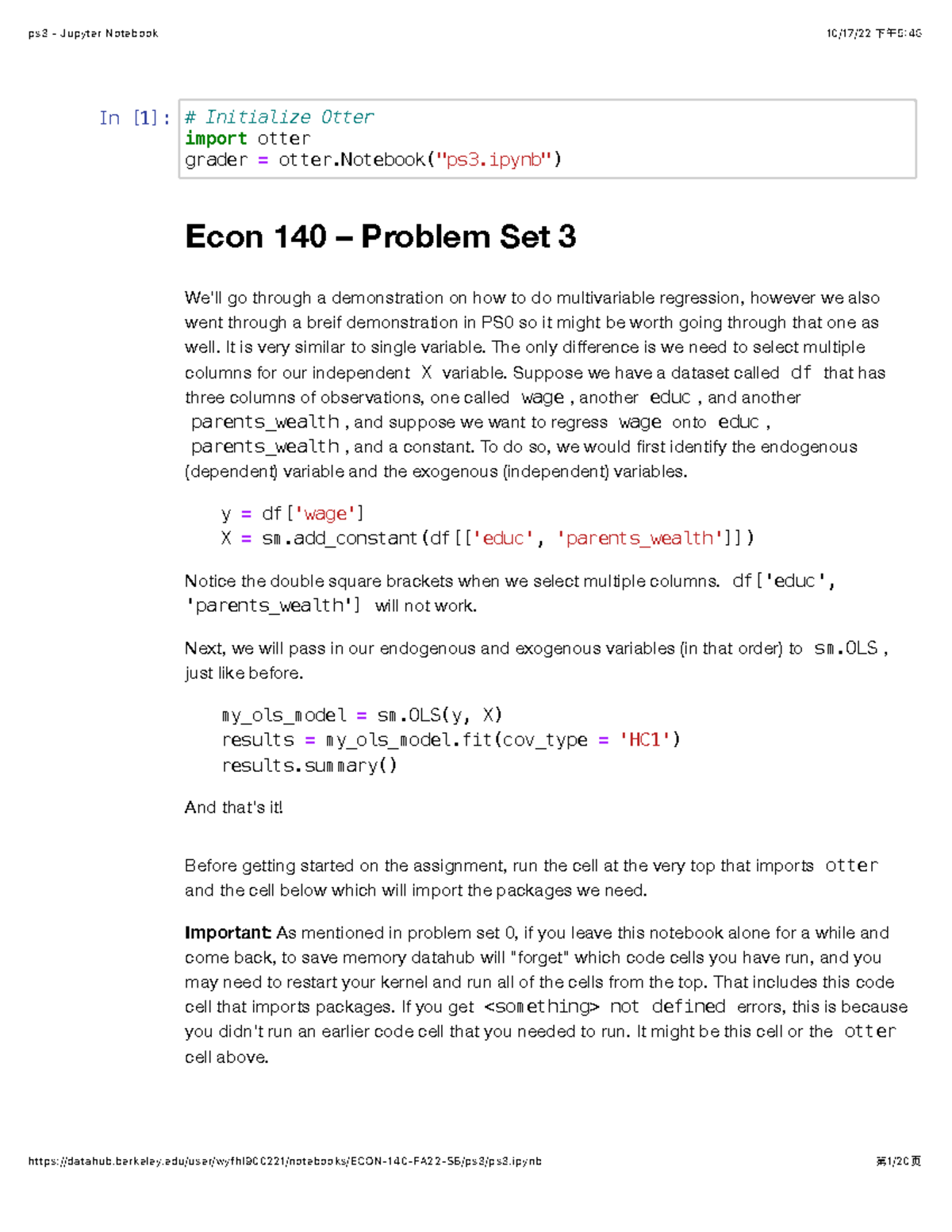 Econ 140 ps3 - Jupyter Notebook - In [1]: Econ 140 – Problem Set 3 We ...