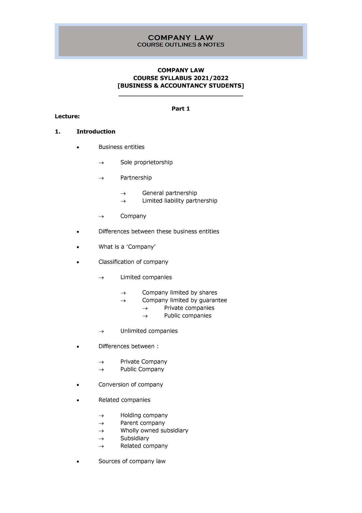 part-1-company-law-course-syllabus-2021-company-law-course-outlines