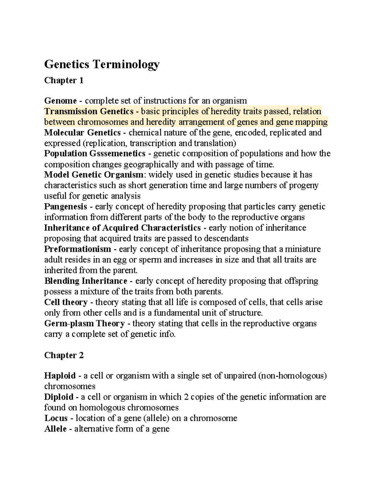 Study Guide Bio 251 - FOR FINAL EXAM - Genetics Terminology Chapter 1 ...