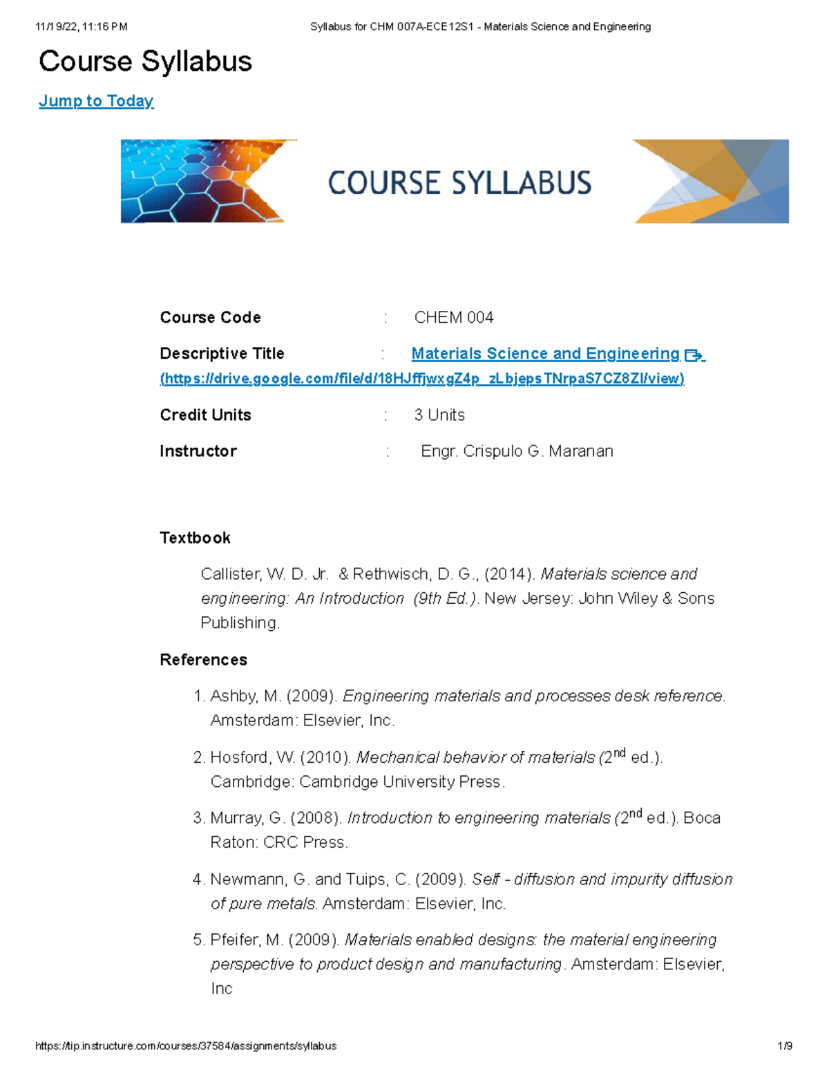 Syllabus for CHM 007A - Materials Science and Engineering - Course ...
