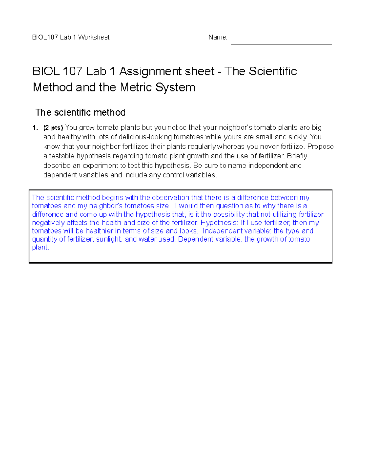 BIO107 Lab 01 Worksheet - BIOL107 Lab 1 Worksheet Name: BIOL 107 Lab 1 ...