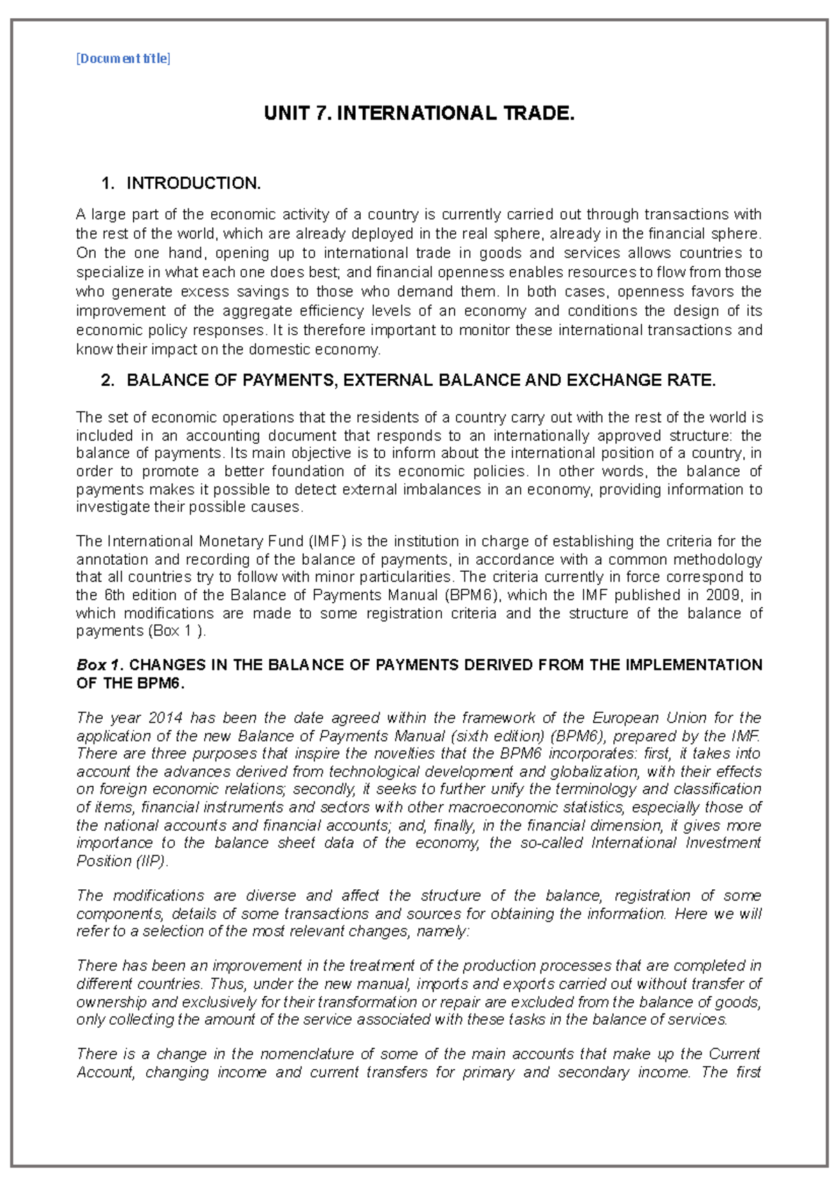 Temmary 8 Managerial Economics - UNIT 7. INTERNATIONAL TRADE. 1 ...