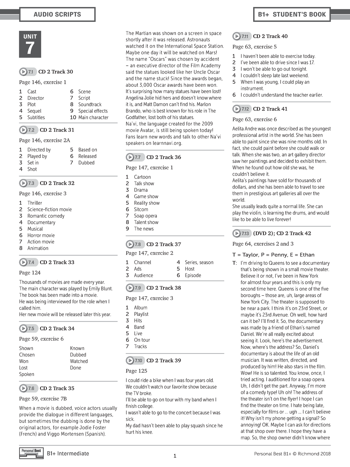 PB Am E B1 SB Audioscript U7 - 1 AUDIO SCRIPTS B1+ STUDENT'S BOOK B1 ...