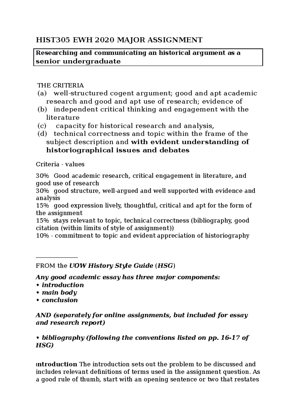 Major Assignment broken down instructions - HIST305 EWH 2020 MAJOR ...