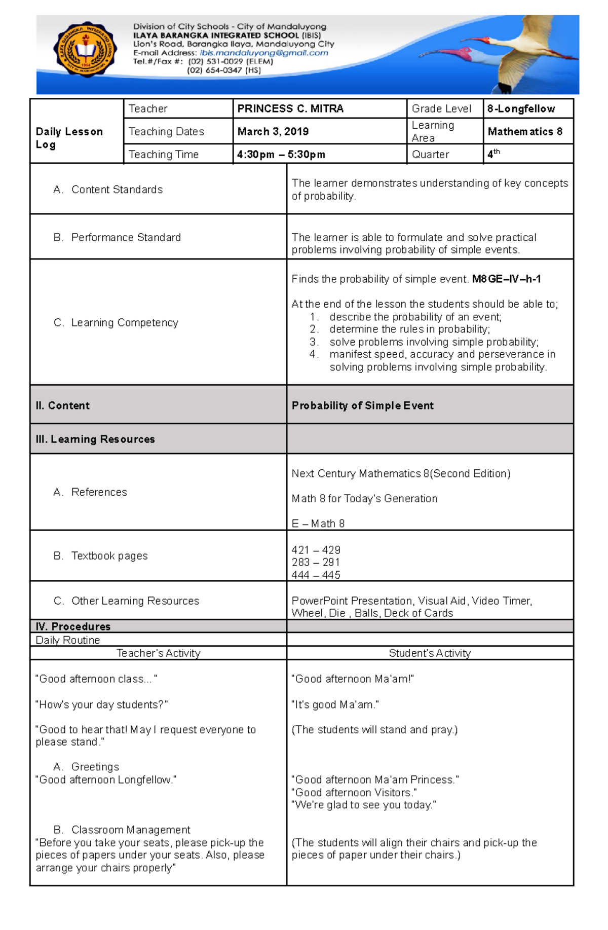 Sample Lesson Plan Daily Lesson Log Teacher PRINCESS C MITRA Grade Level 8 Longfellow 