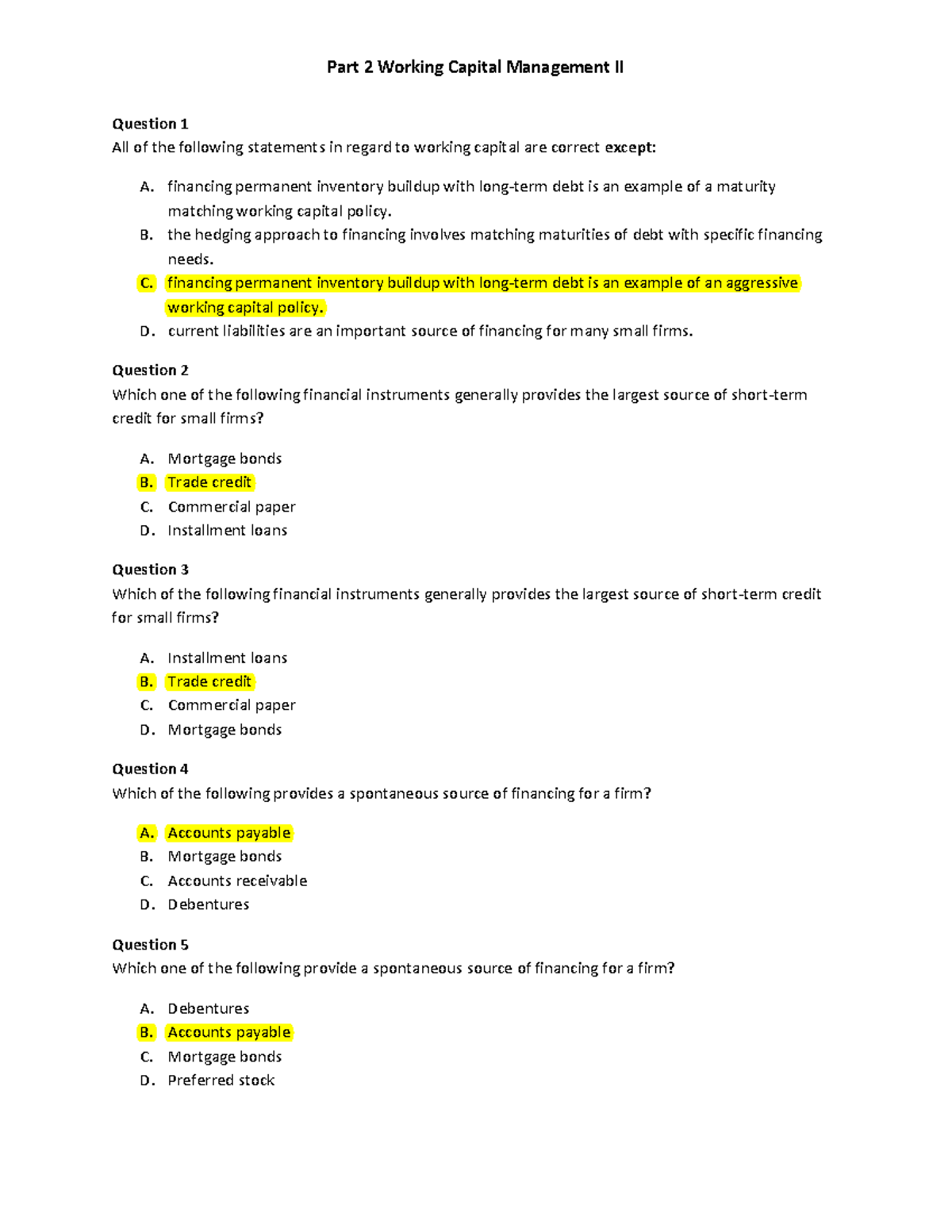 Part 2 Working Capital Management II Qs and answers 31 Oct 2021 ...