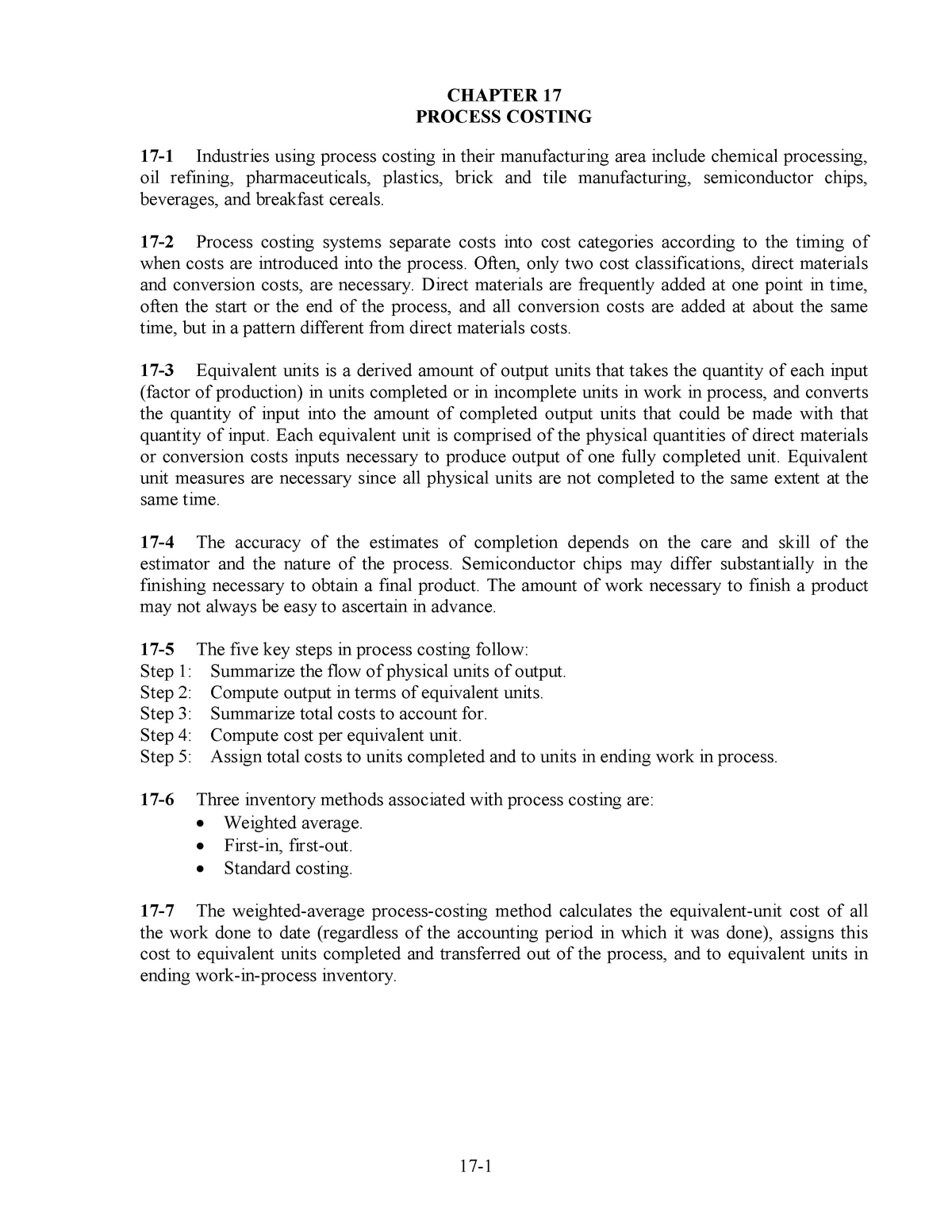 Cost Accounting Chapter 17 Solution - CHAPTER 17 PROCESS COSTING 17­1 ...