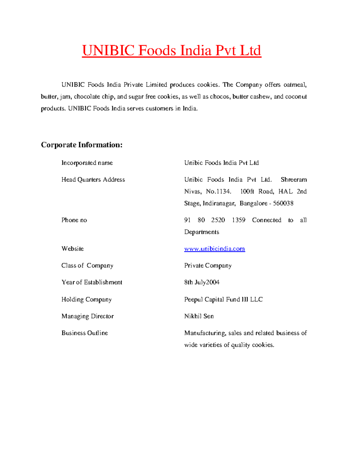Unibic internship report UNIBIC Foods India Pvt Ltd UNIBIC Foods