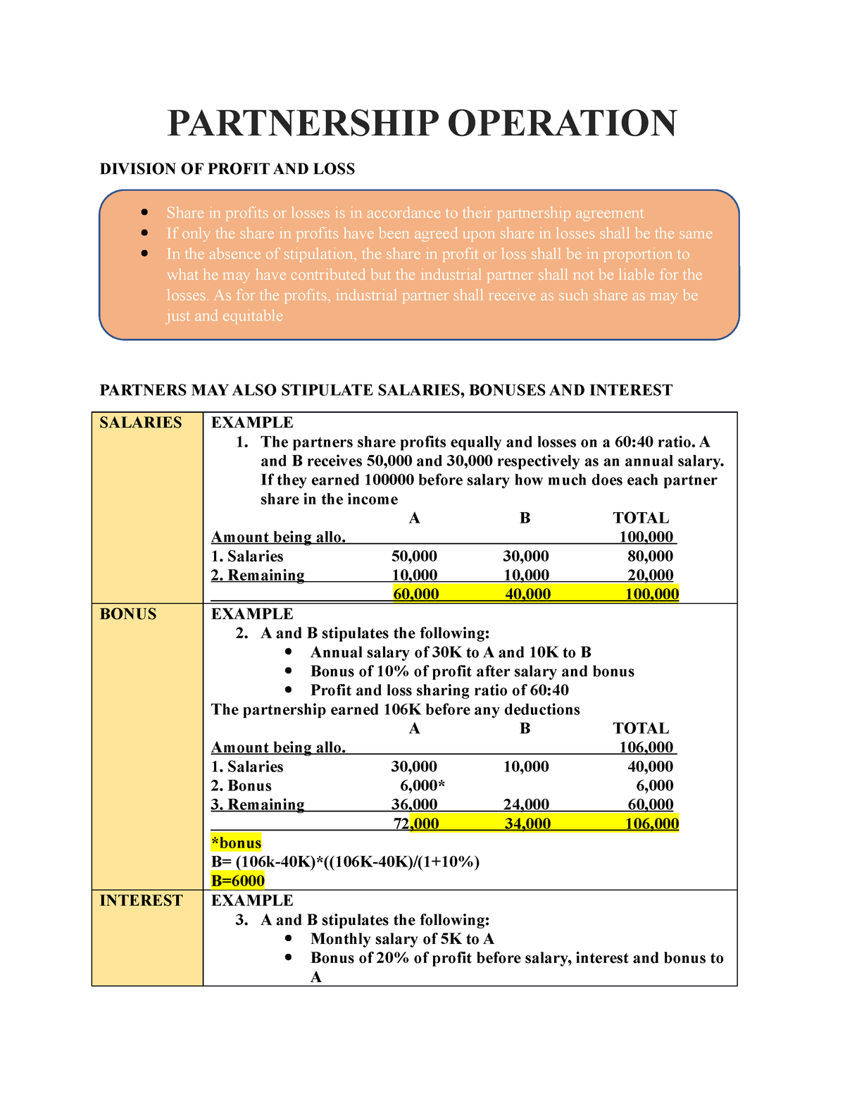 Partnership Operation - PARTNERSHIP OPERATION DIVISION OF PROFIT AND ...