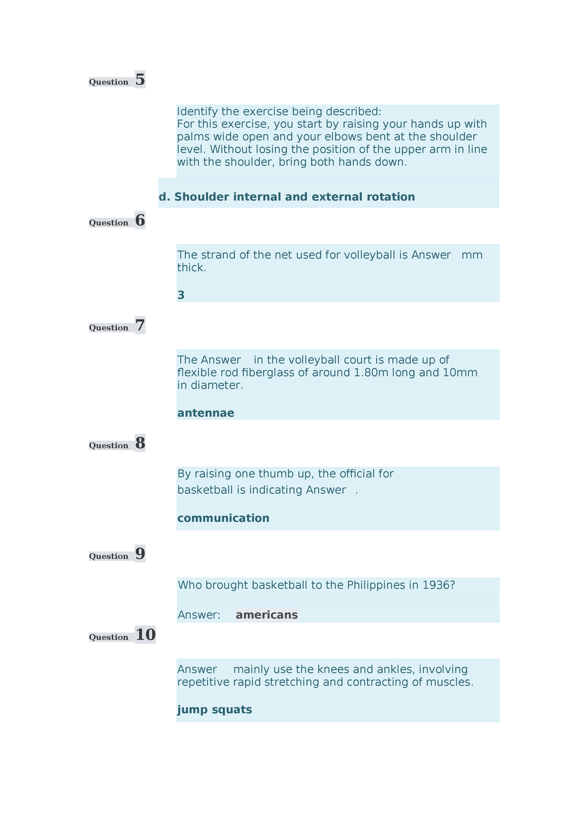 Team sports pe finals quizes and exam - d. Shoulder internal and ...