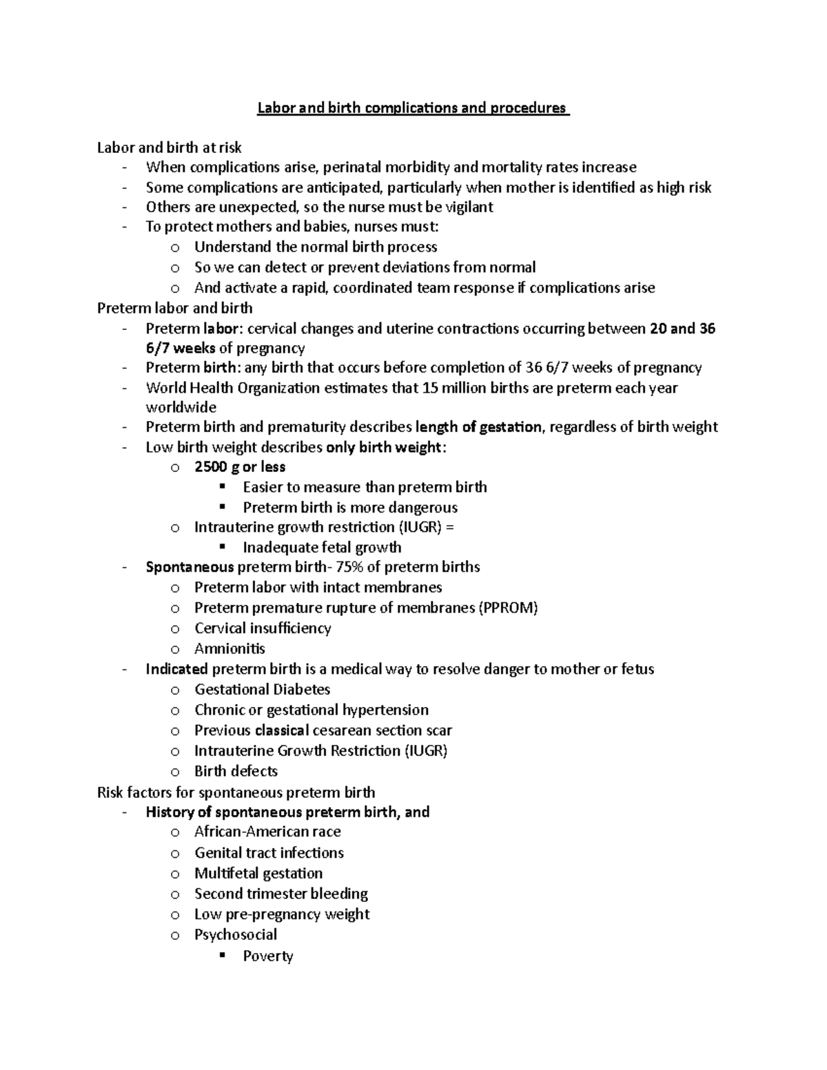 Labor and birth complications and procedures - List the nurse’s actions ...