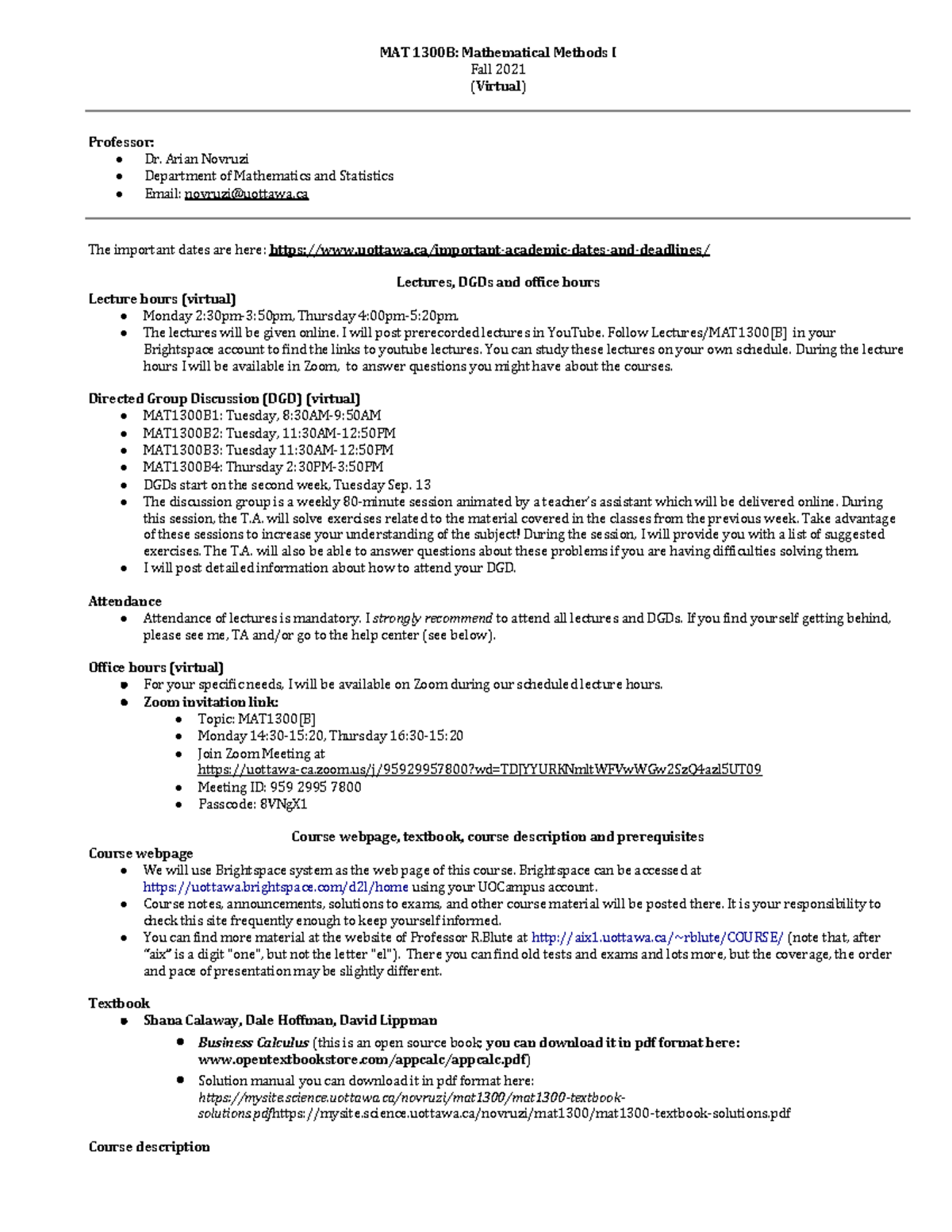 MAT 1300 2021 Syllabus - MAT 1300B: Mathematical Methods I Fall 2021 ...